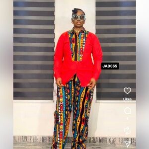 Red Button-Up shirt with Multicolor Printed pant set.